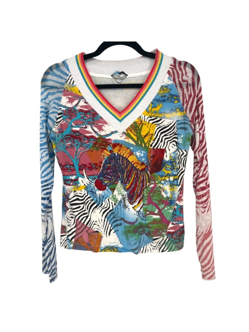 Faust Vintage Zebra Beaded Fringe Rainbow V-Neck Long Sleeve Top Size 42 US 12